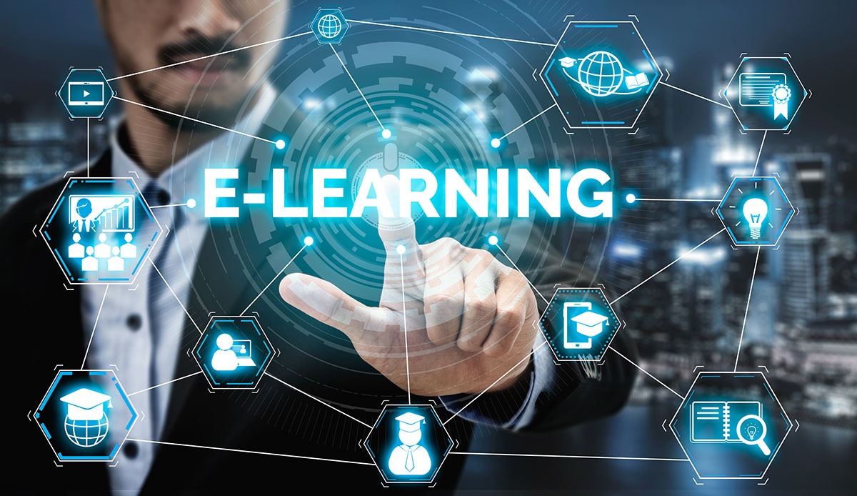 E-learning and Online Education for Student and University Concept. Graphic interface showing technology of digital training course for people to do remote learning from anywhere.